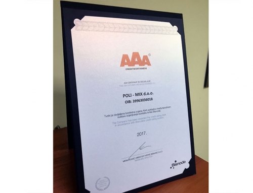 I ove godini nagrađeni smo certifikatom agencije “Bisnode” sa “AAA”